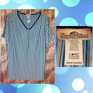 Superline brand Light Blue & Navy Blue Stripes Soft Knit Top Missy Plus Sz 3X